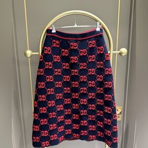 Gucci Navy Knit A-Line Skirt with Red GG Jacquard